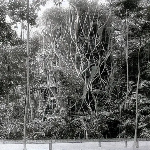 Image similar to a building in a rainforest by hans bellmer