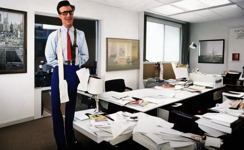 Image similar to color photo of a wall street banker wearing suspenders in his office. 8 0's style