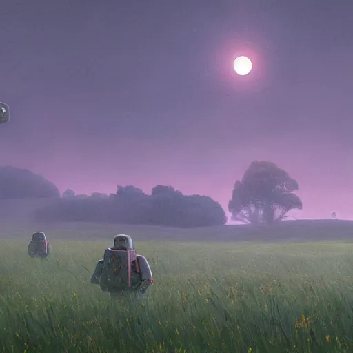 Image similar to giant mech stands over hay field by simon stalenhag, atmospheric haze, children in white jackets below look up, misty blue hour, sci fi digital painting, unreal engine 5, photorealism, hd quality, 8 k resolution, cinema 4 d, 3 d, cinematic, professional photography, art by artgerm and greg rutkowski and alphonse mucha and loish and wlop