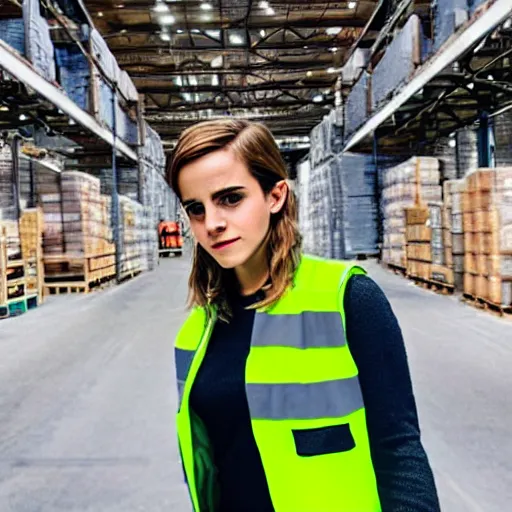 Image similar to photo, close up, emma watson in a hi vis vest, in warehouse, android cameraphone, snapchat story, 2 6 mm,