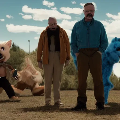 Image similar to Walter white lost at a furry convention, movie still frame, hectic, intense