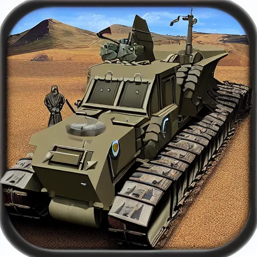 Image similar to armored! battle tractor! with plow! and weapons!, realistic, detailed, military