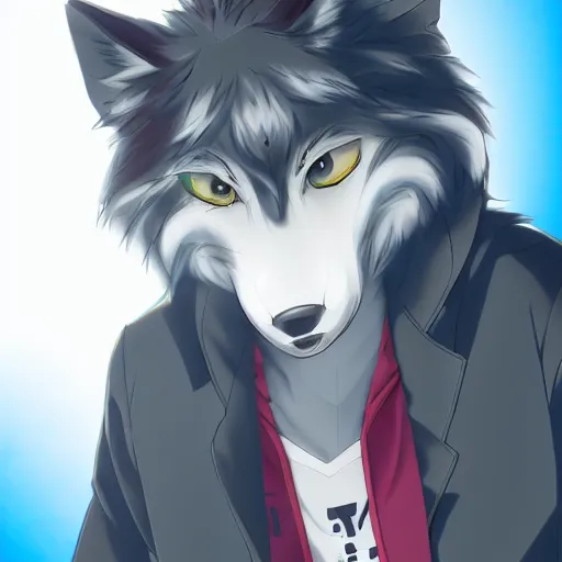 Image similar to key anime visual portrait of an anthropomorphic anthro wolf fursona, in a jacket, with handsome eyes, official modern anime art