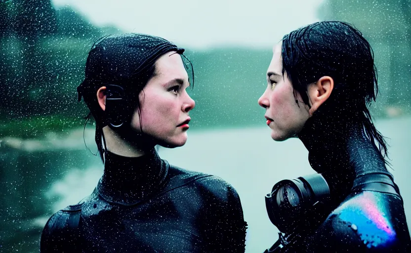 Image similar to cinestill 5 0 d candid action photographic portrait by quentin tarantino of two loving female androids wearing rugged black mesh techwear in treacherous waters, extreme closeup, modern cyberpunk retrofuturism moody emotional cinematic, pouring iridescent rain, 8 k, hd, high resolution, 3 5 mm, f / 3 2, motion blur, ultra realistic faces, ex machina