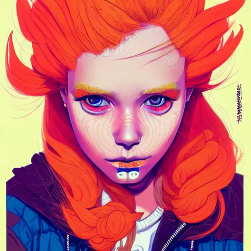 Image similar to portrait painting of a teenage girl with swept back wild orange hair and punk clothes, sharp focus, award - winning, trending on artstation, masterpiece, highly detailed, intricate. art by josan gonzales and moebius and deathburger