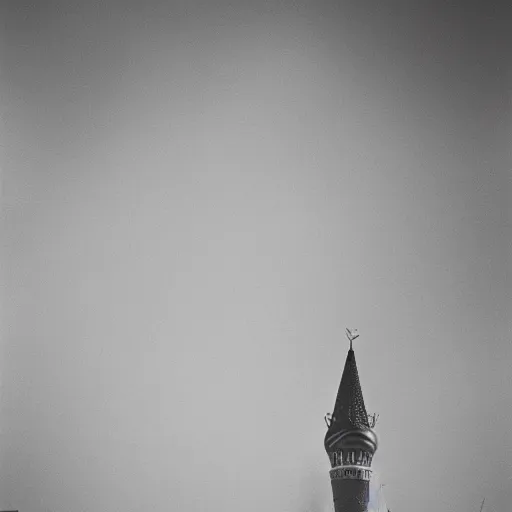 Prompt: Kremlin tower flying as rocket, foggy weather, film still, heavy grain