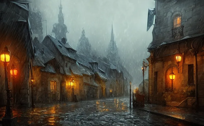 Image similar to extreme long shot concept art depicted rainy old french village, high details, dramatic mood, deep environment, art by legends of runeterra and tomasz jedruszek and gabor szikszai, trending on artstation, unreal engine, 8 k, 4 k