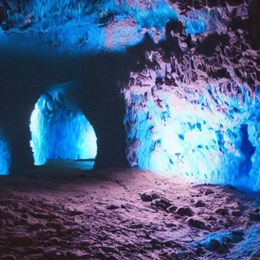 Prompt: a hyper realistic cave with bright blue fungus growing on the walls, radioactive water glows dimly on the ground, hyper detailed, beautiful lighting