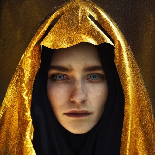 Image similar to a portrait of a young woman wearing a long dark cloak, hood and shadows covering face, holding golden chains, oil painting, matte painting, black background, Volumetric Golden dappled dynamic lighting, Highly Detailed, Cinematic Lighting, Unreal Engine, 8k, HD, by Beksinski