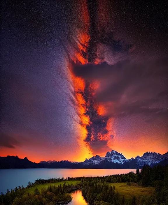 Image similar to amazing landscape photo of mountains with lakehouse at dusk by marc adamus, beautiful dramatic lighting, celestial nightsky stars