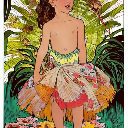 Prompt: a five - year - old caucasian girl with honey brown eyes and hair, wearing a hawaiian dress, dancing on a tropical beach, portrait, wide shot, midday light, bright colors, illustration, pop art, splash painting, graphic novel, art by geof darrow, ashley wood, alphonse mucha