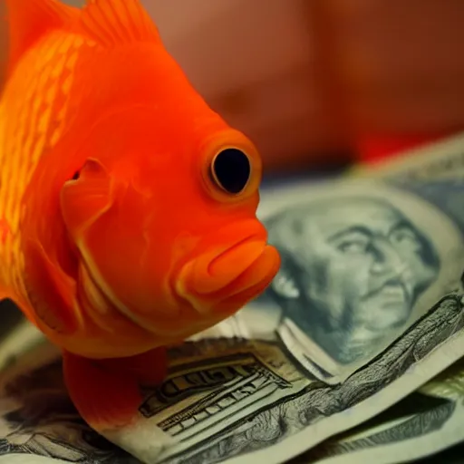 Image similar to a goldfish eating money high def 8 k