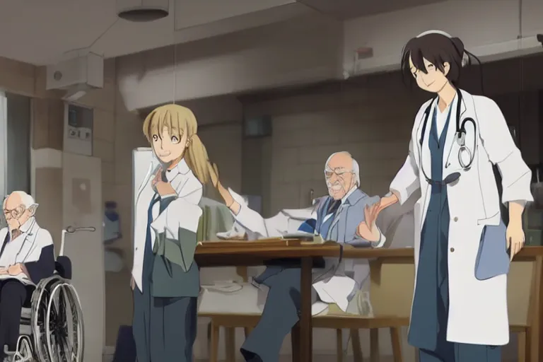 Image similar to a cute young female doctor wearing white coat are serving an old man in a wheelchair in a hospital ward, slice of life anime, cinematic, realistic, anime scenery by Makoto shinkai