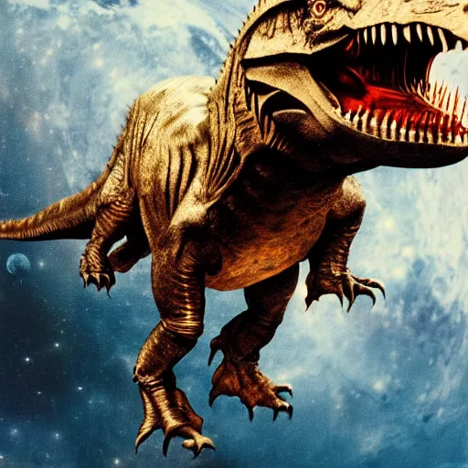 Prompt: Tyrannosaurus rex jumping on the moon, outer space, photograph, realistic, HD, science fiction