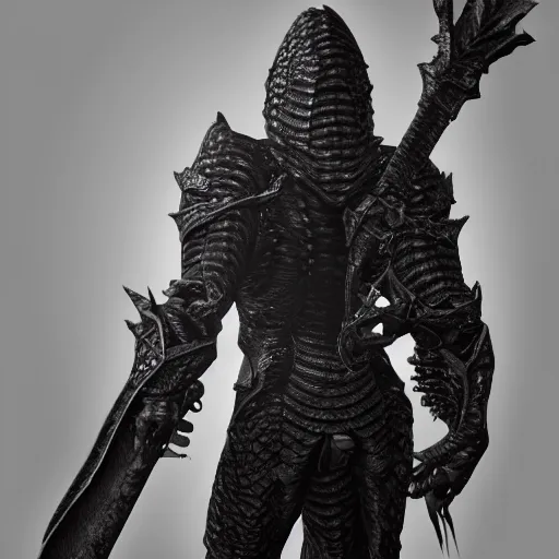 Image similar to detailed hypperrealistic artstation render of a scaly black cloaked man, wearing a metal knights helmet, carries a large knights greatsword in his hands, tentacles emerge from his back like wings