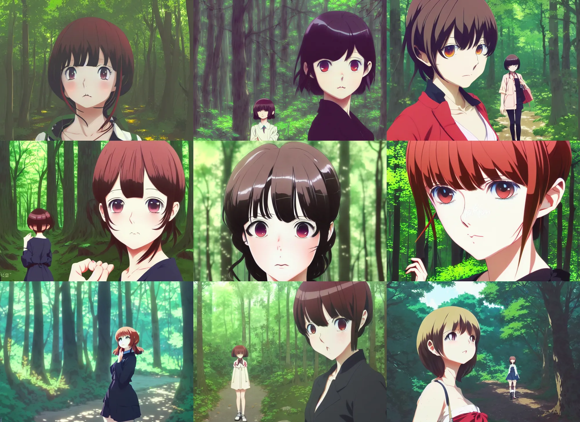 Prompt: anime visual portrait of a woman traveling through a forest sightseeing, cute face by ilya kuvshinov, yoh yoshinari, dynamic pose, dynamic perspective, cel shaded, flat shading mucha, rounded eyes, moody, psycho pass, kyoani, paprika, anatomically correct