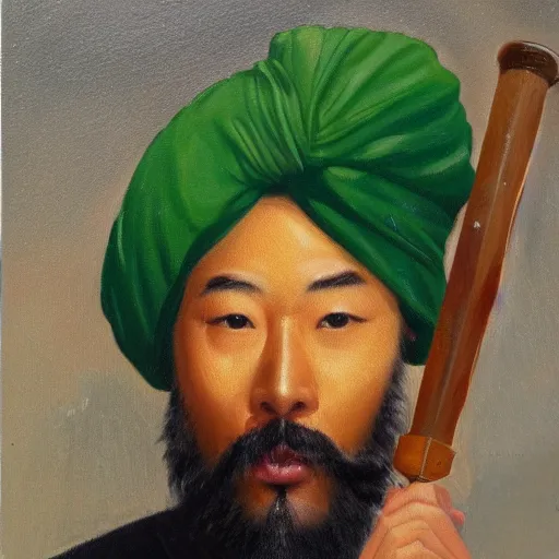 Prompt: An oil painting of a handsome Asian man in a green turban looking wickedly at the viewer with the hilt of a Japanese samurai sword in his teeth.
