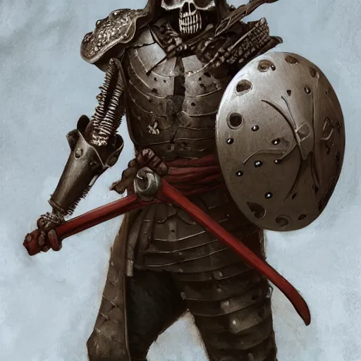 Prompt: medieval skeleton warrior with an ax in his hand and a round shield, D&D character, highly detailed, digital fantasy character, painted portrait, artstation, concept art, hard focus, illustration, art by artgerm and greg rutkowski and Alphonse Mucha and Craig Mullins, James Jean, Andrey Ryabovichev, Mark Simonetti and Peter Morbacher