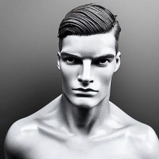 Image similar to “a realistic detailed photo of a guy who is an attractive humanoid who is half robot and half humanoid, who is a male android, Max Verstappen, shiny skin, posing like a statue, blank stare”