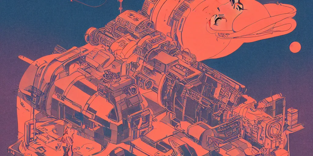 Image similar to a risograph of a futuristic vintage sci - fi, 2 d matte gouache illustration, gigantic woman playing with mechanical floating head shooting lasers from it's eyes, ornate, detailed, dramatic, ominous, drawing by moebius and satoshi kon, saturated colors, grainy, 8 k