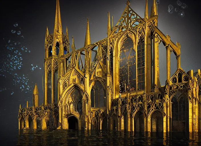 Image similar to gothic cathedral favela, underwater environment, scenery, professional, award - winning, trending on artstation, hyper detailed, realistic, beautiful, emotional, shiny, golden, picture