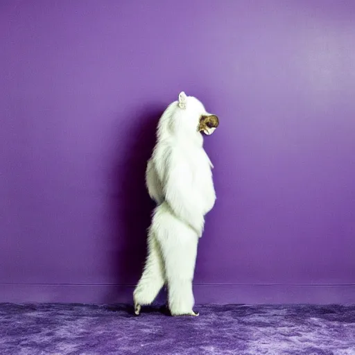 Image similar to A photo of a white fur monster standing in a purple room