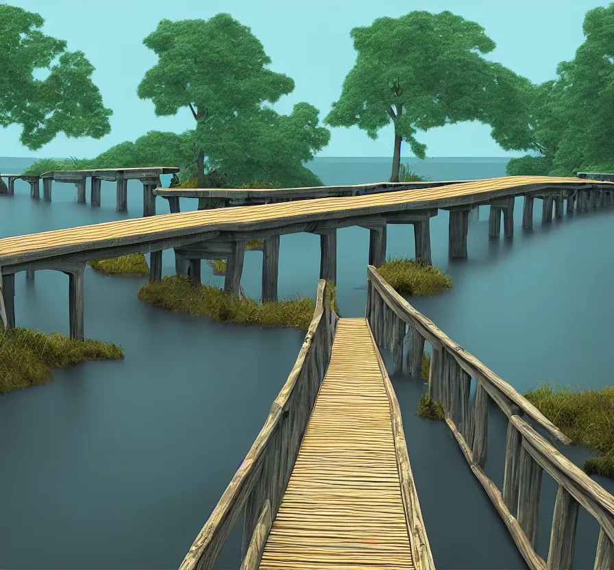 Prompt: long wood bridge to island, unreal engine, digital, acrilic paint