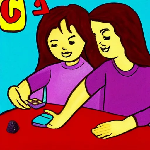 Prompt: jesus child playing uno with devil child, cute art work