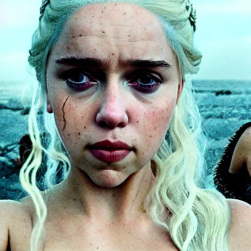 Image similar to a selfie of daenerys targaryen played by a young scarlett johansson, medium shot, detailed eyes,