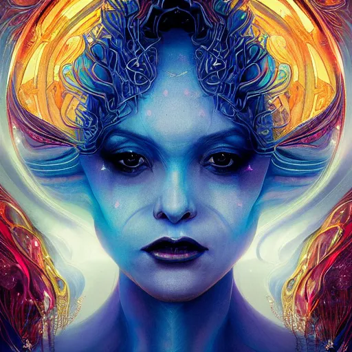 Prompt: portrait of the powerful queen of the solar system in the style of anna dittmann and in the style of wayne barlowe. glowing, ornate and intricate, stunning, dynamic lighting, intricate and detailed.