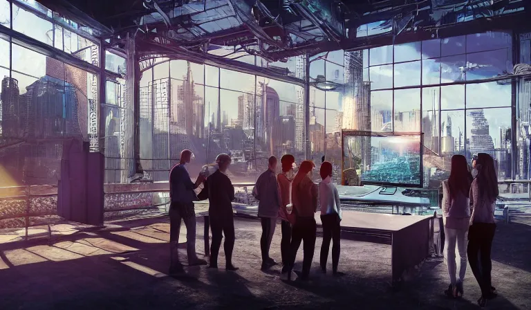 Image similar to group of people in simple warehouse, looking at hologram of futuristic city on a table, cinematic concept art, godrays, golden hour, natural sunlight, 4 k, clear details, tabletop model buildings, center model buildings, hologram center, crane shot, crane shot, crane shot