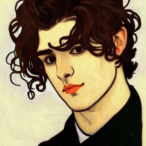 Image similar to painting of young cute handsome beautiful dark medium wavy hair man in his 2 0 s named shadow taehyung at the halloween pumpkin jack o'lantern party, depressed, melancholy, autumn, japan, elegant, clear, painting, stylized, delicate, soft facial features, delicate facial features, soft art, art by alphonse mucha, vincent van gogh, egon schiele