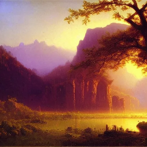 Image similar to scenic landscape of a valley at dawn, Albert Bierstadt, inspiring, realistic painting