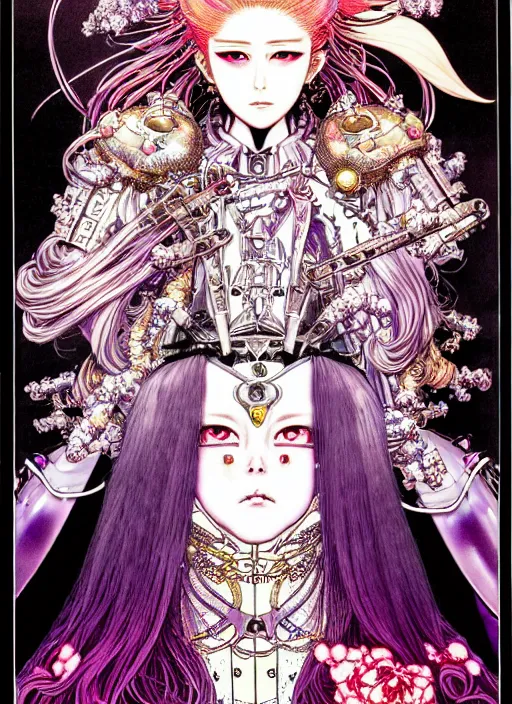 Prompt: highly detailed terada katsuya atrstation manga poster of princess mechine, face by aregerm, rainbow gradient reflection, ayami kojima, long hair, armor, dress, laces, ruffles, 8 k, maximalist, takato yamamoto