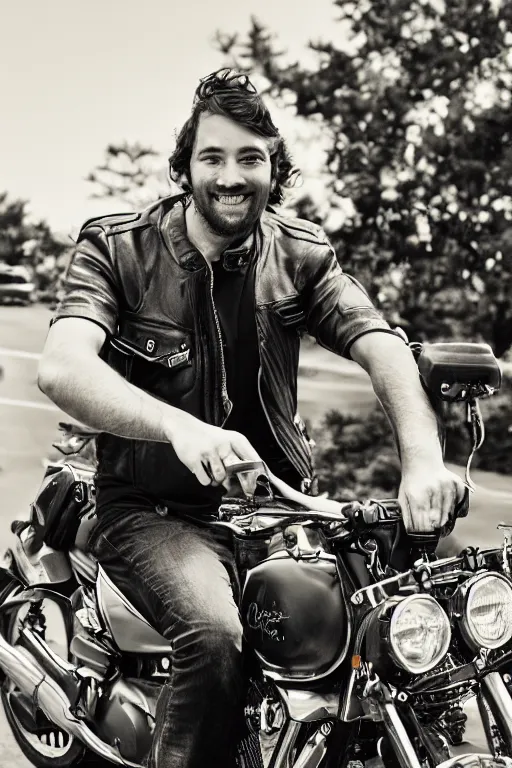 Image similar to a portrait of a handsome man in a motorcycle