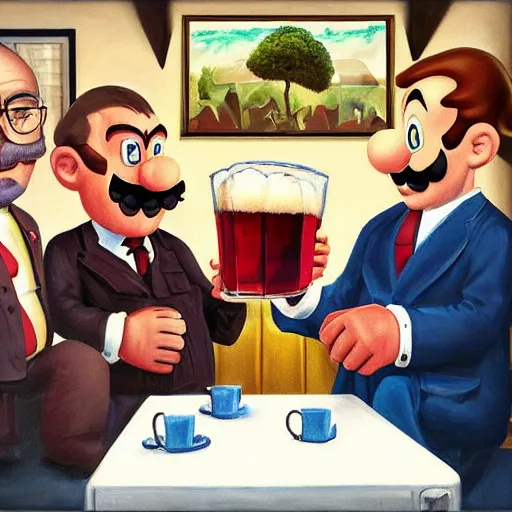 Prompt: mario, walter white, and obama sharing a brew together, oil painting