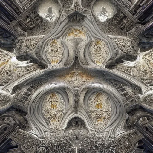 Image similar to a hyperrealistic 3 d painting of a huge sprawling fractal cathedral interior populated by mandelbrot fractals by android jones, unreal engine, carved soap, white color scheme, volumetric lighting, octane render, dramatic lighting, glowing, carved marble, opalescent, carved wood, sacred geometry, religious, angelic, catholicpunk, stark, 8 k, ultra detailed