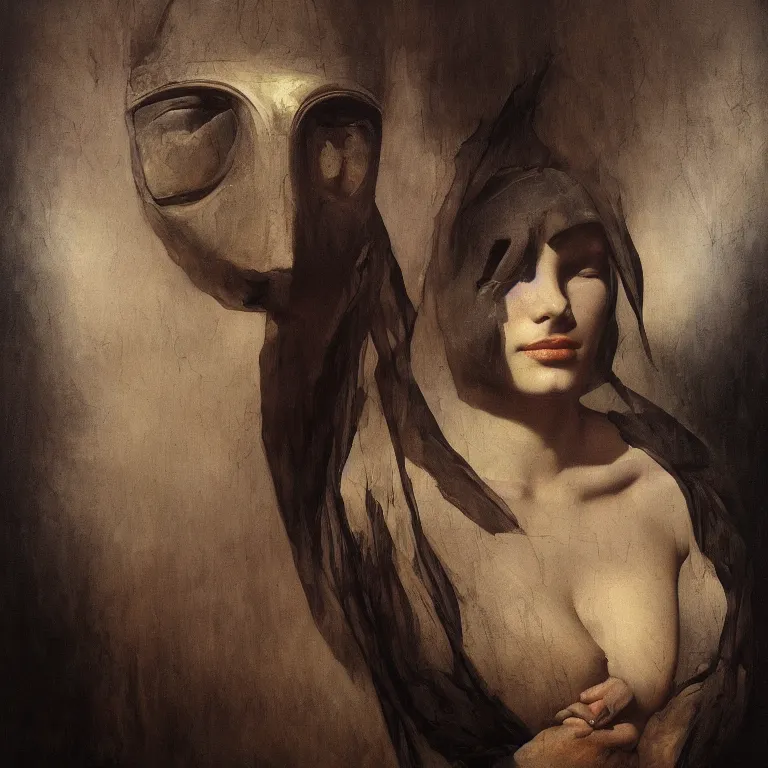 Image similar to The portrait of beautiful woman with closed eyes in steel full-face occult mask and black dress by Ilya Repin, William Blake, Michelangelo da Caravaggio and Beksinski, highly detailed oil painting, Beinart Gallery, Arcadia gallery, trending by artstation, dramatic volumetric lighting, fantasy character, 4k, masterpiece