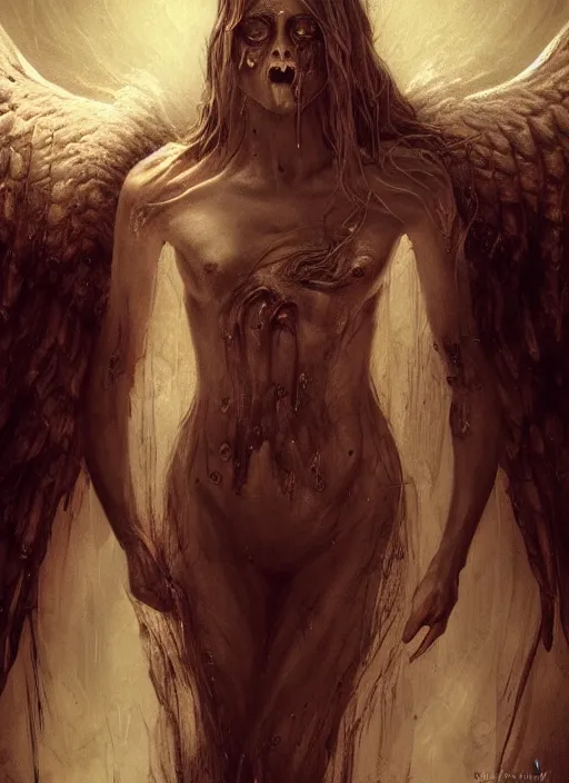 Image similar to a biblically accurate angel beautiful and terrifying,melting,full character design,8k,by Stanley Artgermm,Tom Bagshaw,Greg Rutkowski,Carne Griffiths,Ron English,Linsey Levendall,Giger,trending on DeviantArt,face enhance,hyper detailed,minimalist,horror,full of colour,cinematic,dynamic lighting