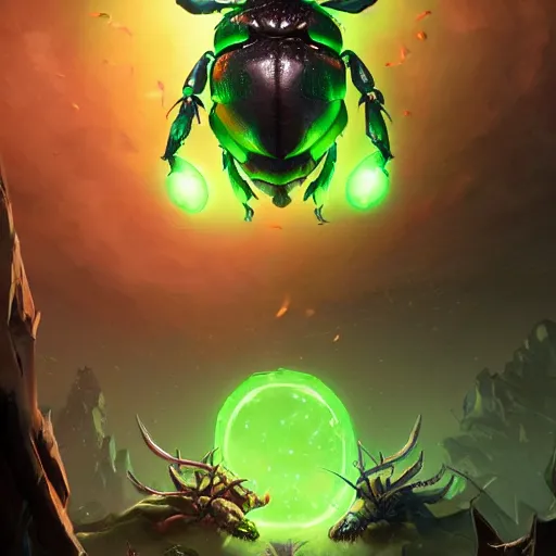 Image similar to a giant glowing horned beetle, horned beetle, green theme, bright art masterpiece artstation. 8 k, sharp high quality artwork in style of jose daniel cabrera pena and greg rutkowski, concept art by tooth wu, blizzard warcraft artwork, hearthstone card game artwork, horned beetle