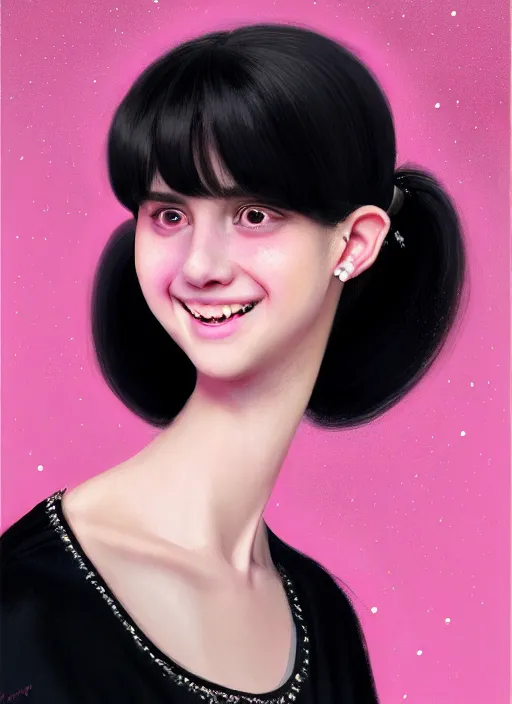 Image similar to portrait of teenage girl, realistic, black hair, bangs, half updo hairstyle, pointy nose, skinny, smile, ugly, defined jawline, big chin, pink hair bow, earrings, intricate, elegant, glowing lights, highly detailed, digital painting, artstation, sharp focus, illustration, art by wlop, mars ravelo and greg rutkowski