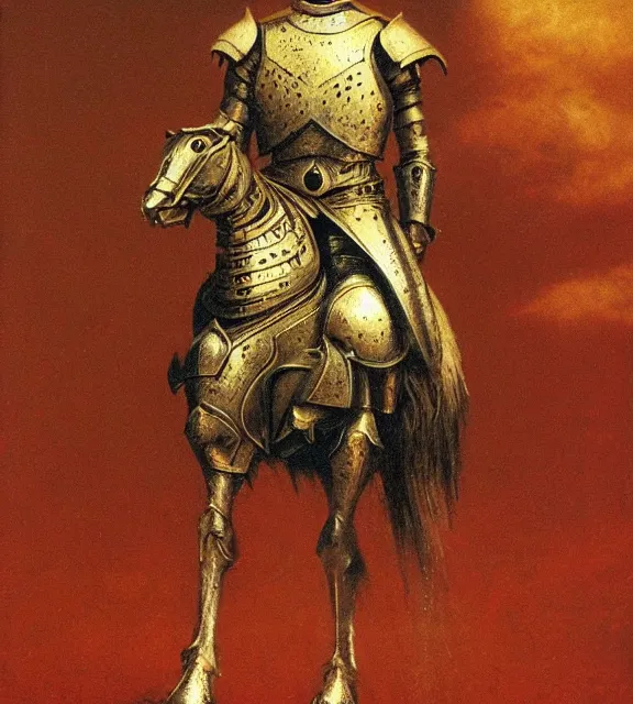 Prompt: royal knight in golden sun ornament armor, dismounted, beksinski, trending on artstation