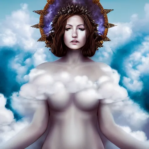 Prompt: goddess wearing a cloud fashion on the clouds up there, photoshop, colossal, creative, albino skin, giant, digital art, photo manipulation, is looking down on us from above, clouds, covered in clouds, girl clouds, on clouds, covered by clouds, airplane in the sky, white hair, digital painting, artstation