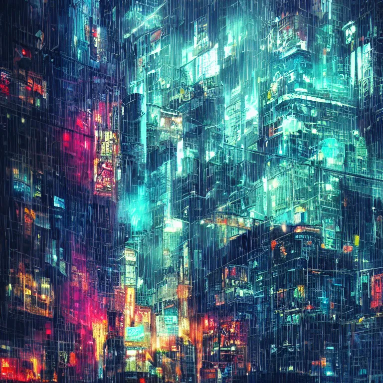 Image similar to A sad, melancholy cyberpunk city as seen through a rainy window, colorful, beautiful, striking, digital art