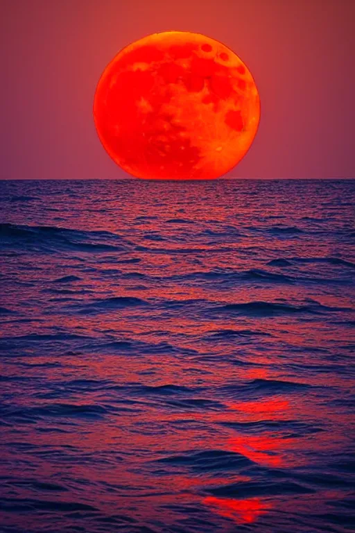 Image similar to red moon reflecting in the sea, night, low angle, realistic photo