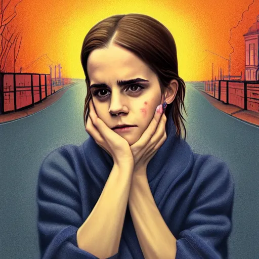 Prompt: a portrait of s sad Emma Watson with tears in her eyes, trying to fit into a shoebox in the middle of the road, highly detailed, digital painting, HDRI, by Casey Weldon, vivid colors, high contrast, intricate