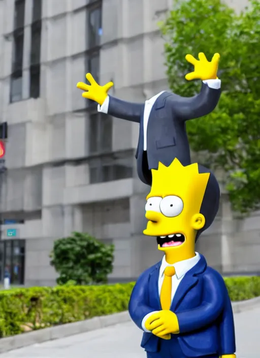 Image similar to bart simpson in business suit, statue standing on street
