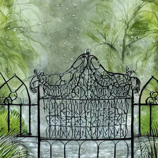 Image similar to delicate rain, symmetric, chairs, garden, paved, botanic watercolors, iridescent, 8 k, realistic shaded, fine details, artstation, italian, iron gate, tree, mediterranean