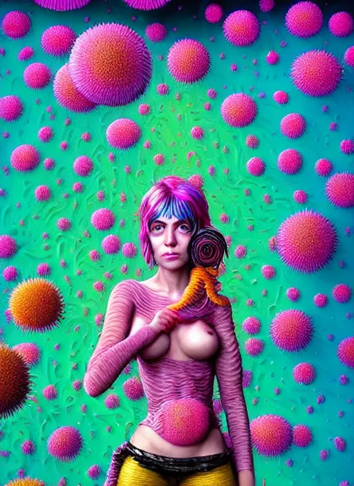 Prompt: hyper detailed 3d render like a Oil painting - Ramona Flowers with wavy black hair wearing thick mascara seen Eating of the Strangling network of colorful yellowcake and aerochrome and milky Fruit and Her delicate Hands hold of gossamer polyp blossoms bring iridescent fungal flowers whose spores black the foolish stars by Jacek Yerka, Mariusz Lewandowski, Houdini algorithmic generative render, Abstract brush strokes, Masterpiece, Edward Hopper and James Gilleard, Zdzislaw Beksinski, Mark Ryden, Wolfgang Lettl, Dan Hiller, hints of Yayoi Kasuma, octane render, 8k
