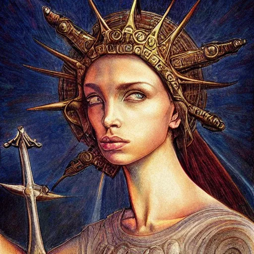 Image similar to most beautiful jeanne d'arc in the style of william blake, terese nielsen, detailed, intricate, beautiful faces, steve argyle, epic, mesmerizing, triumphant fate, pastoral fantastic reality